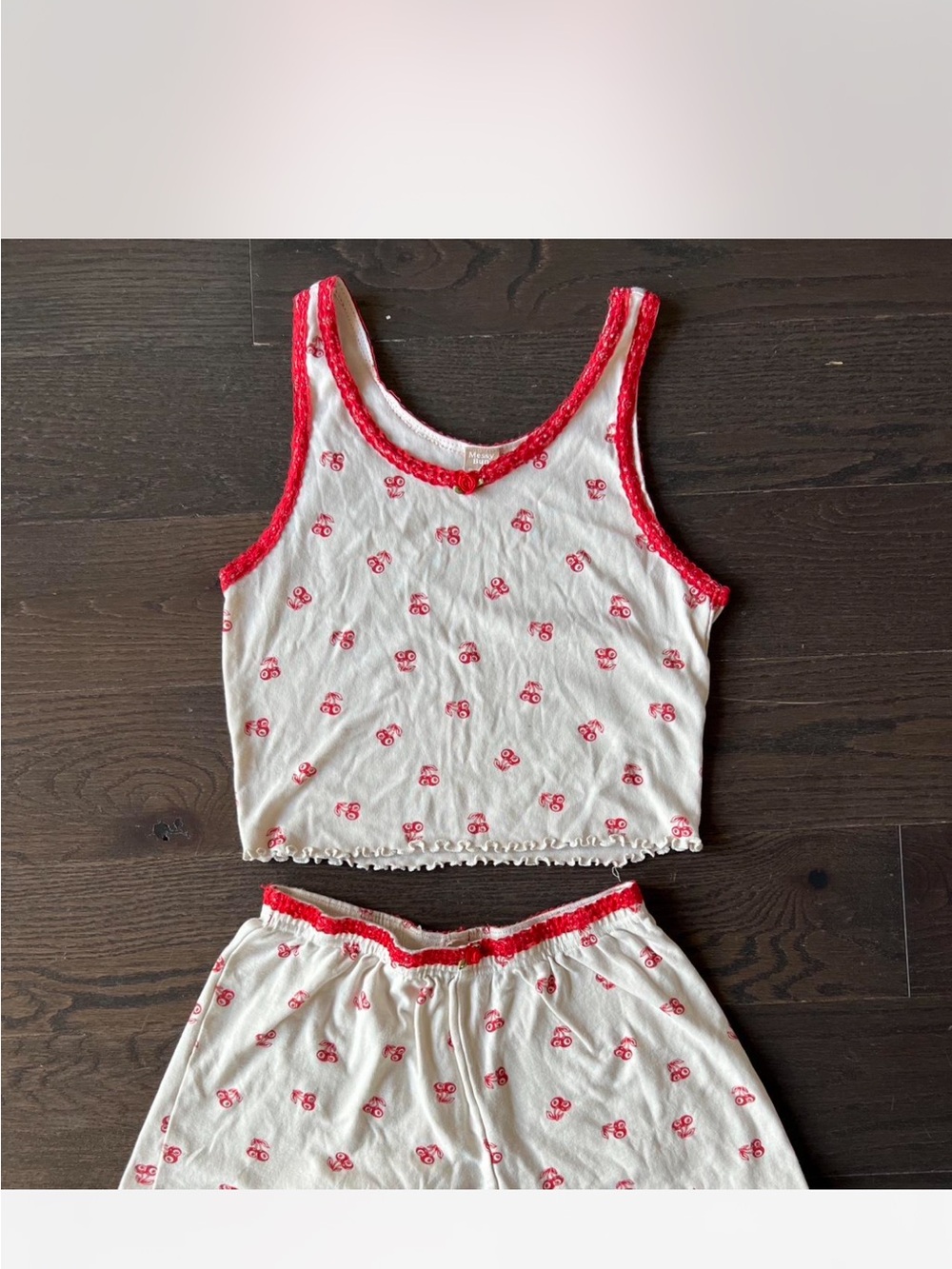 Messy bun just chillin Cream & Red Cherry Print Sleep Tank and Shorts Set